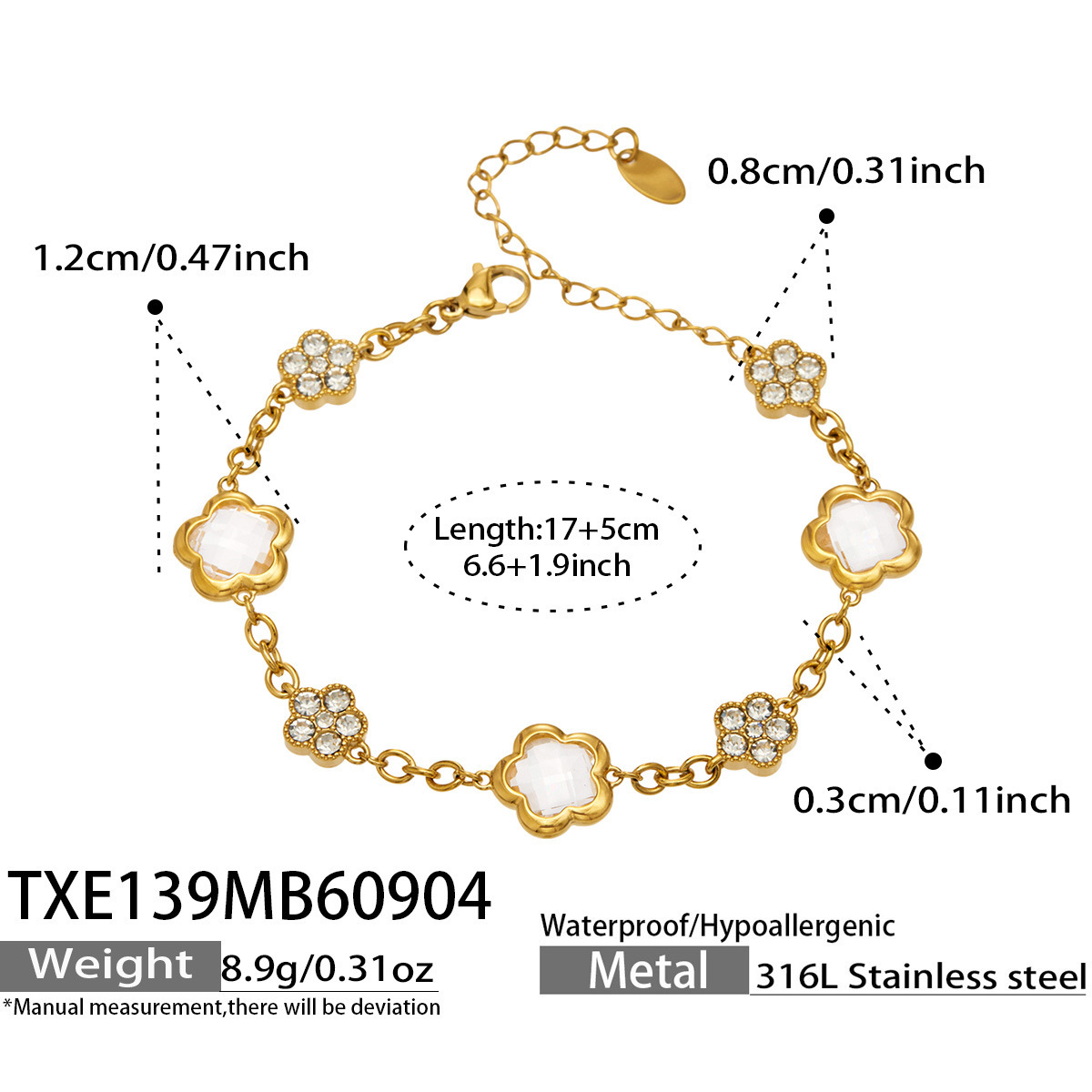 SSeeSY Custom Design Fashion Jewelry PVD 18K Gold Plated Stainless Steel Five Flower Bracelet with Colorful Zircon Czech Glass for Women Girls